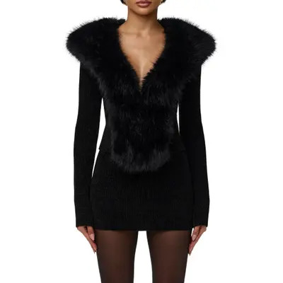 Naked Wardrobe Faux Fur Collar Cardigan in Black at Nordstrom, Size Medium | Nordstrom