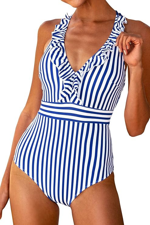 CUPSHE Women's V Neck One Piece Swimsuit Ruffled Back Cross Swimwear | Amazon (US)