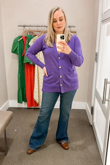 It can be so hard to find #spring purple. I ended up sizing down in this cardigan so I could wear it without a cami. It is slightly oversized. Your normal size will give you more length. The jeans are SUPER long. I’ll need to wear these with heels  