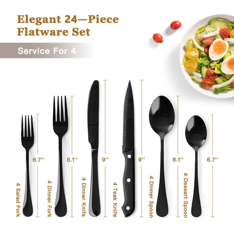 Astercook 25-Pieces Black Silverware Set with Steak Knives, Black Flatware Set for 4, Food-Grade ... | Walmart (US)