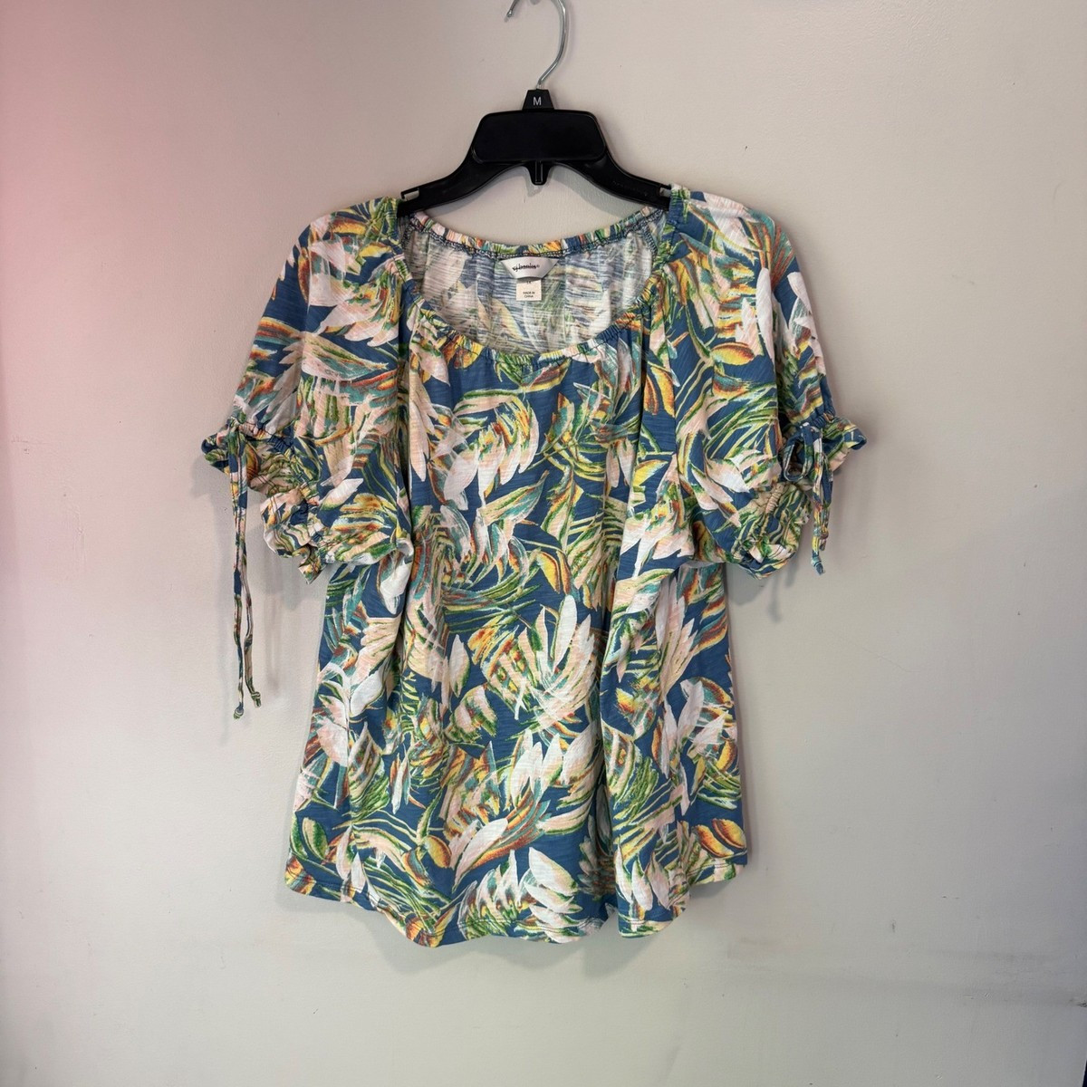 CJ Banks Womens 1X Tropical Palm Leaf Print Cotton Top Blue Green Short Sleeve | eBay | eBay US