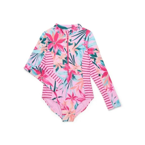 Jessica Simpson Toddler Girl Long- Sleeve One-Piece Zip Swimsuit with, Size 12M-5T | Walmart (US)
