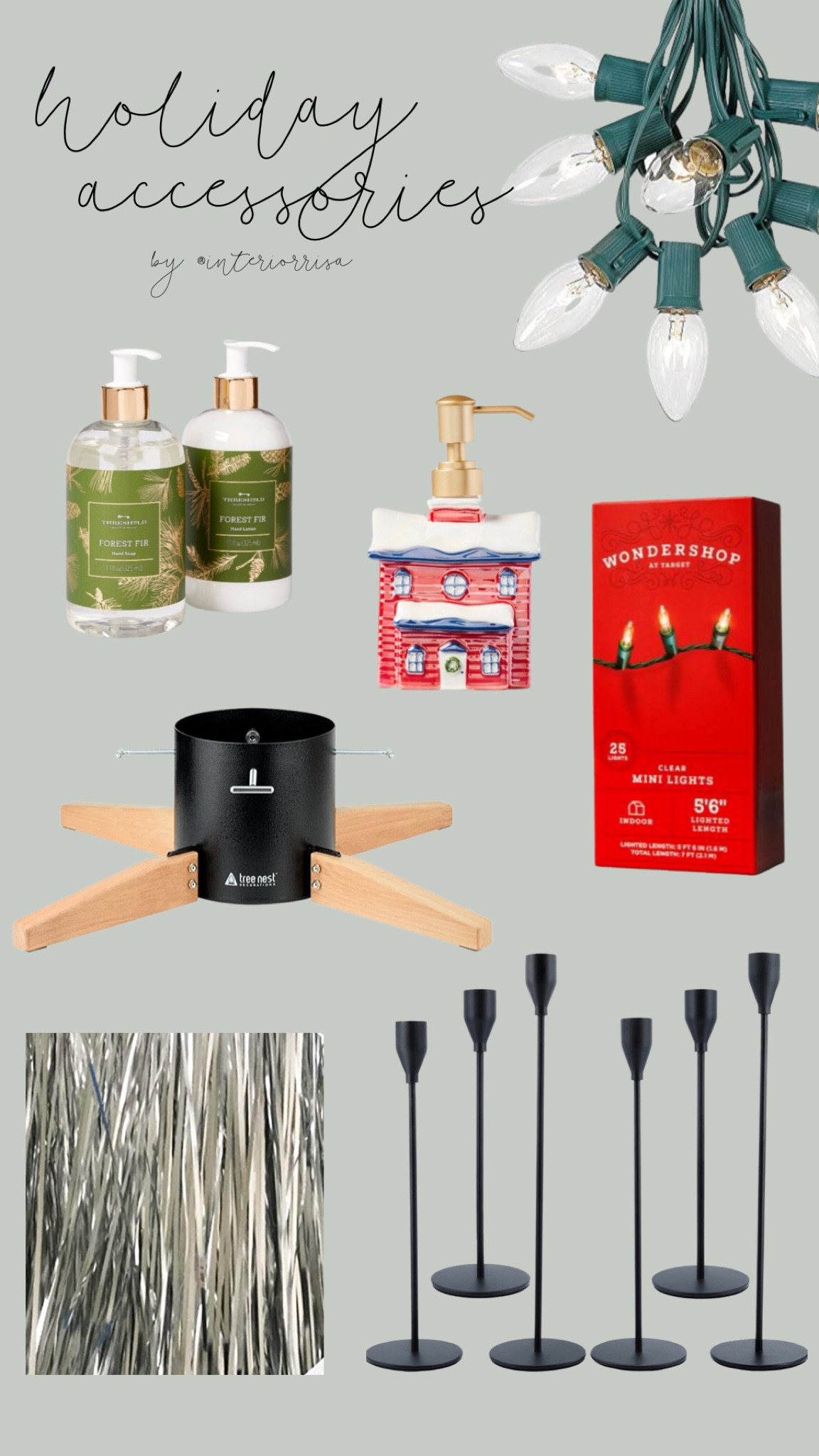 holiday christmas accessories decor outdoor indoor lights cheap inexpensive real tree holder stand tinsel tinsil candle candlestick holder set tapered soap festive dispenser soap lotion set

#LTKSeasonal #LTKhome #LTKHoliday