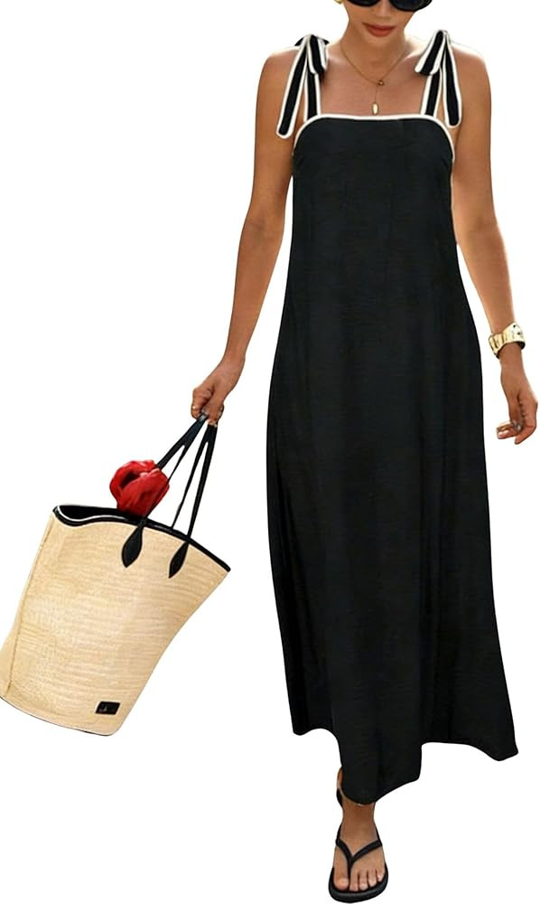 chouyatou Women's Sexy Tie Strap Maxi Dress Cotton Linen Flowy Pleated Long Dress Boho Beach Part... | Amazon (US)