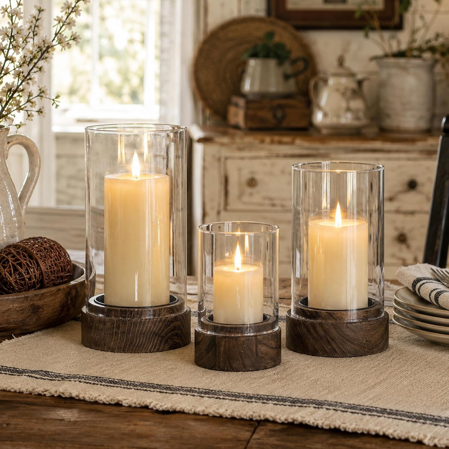 Hewory Hurricane Glass Candle Holder : Set of 3 Rustic Brown Candle Holders for Pillar Candles, Vintage Decorative Wood Stand with Clear Glass for Weddings,Christmas,Table Centerpiece,Home Decor | Amazon (US)