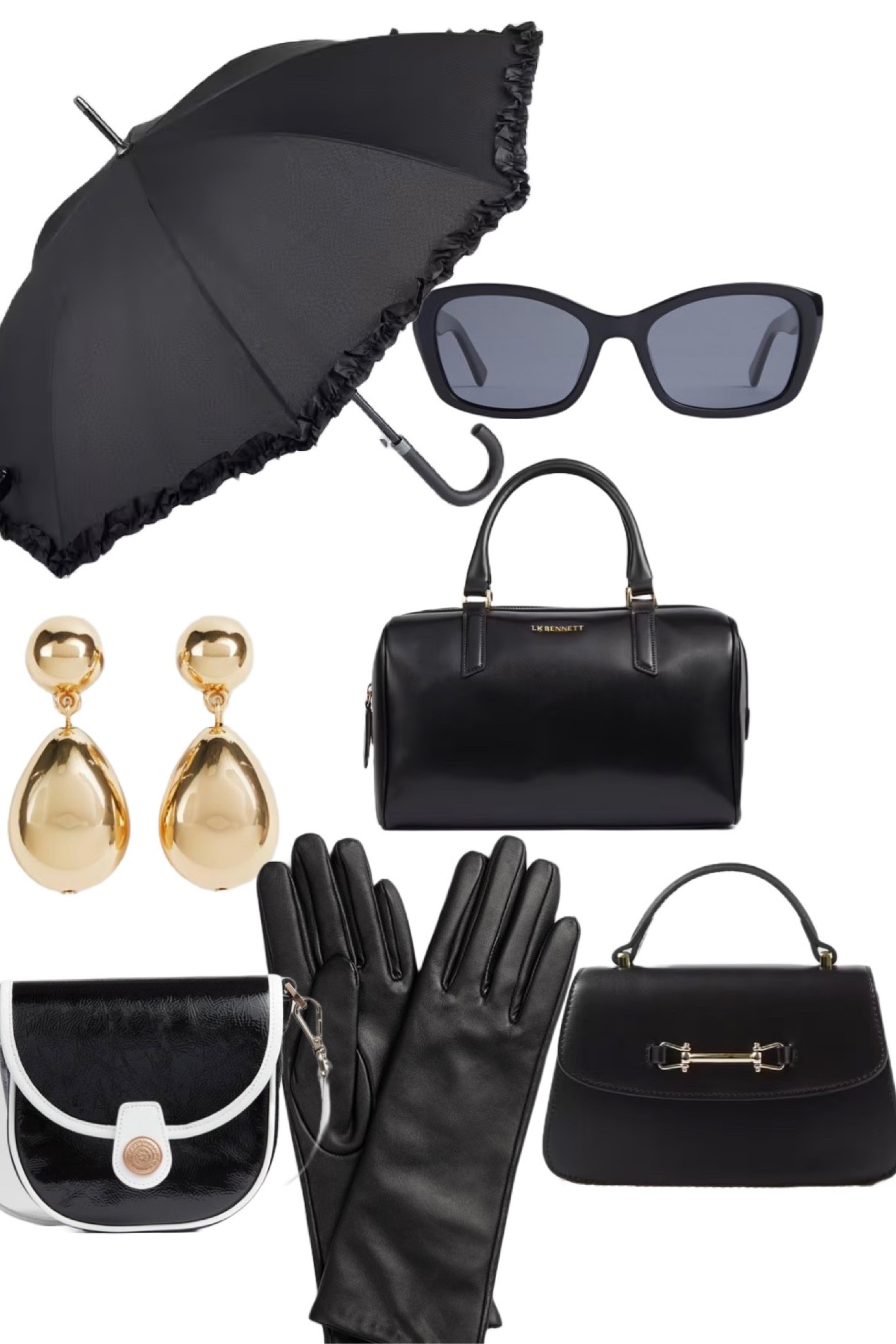 Audrey accessories! LK Bennett London are offering 50% off all bags and accessories today only! Here are my favourite pieces, from a black frill umbrella, black sunglasses, 1960s style black leather bowling bag, cute vintage style earrings and long black leather gloves. It’s a great opportunity to pick up some Christmas gifts and stocking fillers!

#LTKuk #LTKgiftguide #LTKCyberWeek