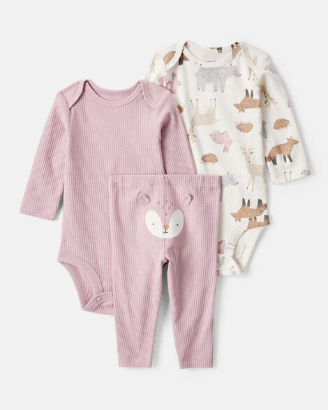Baby Girl 3-Piece Woodland Creatures Long-Sleeve Bodysuits & Pant Set - Pink/White | Carter's Inc