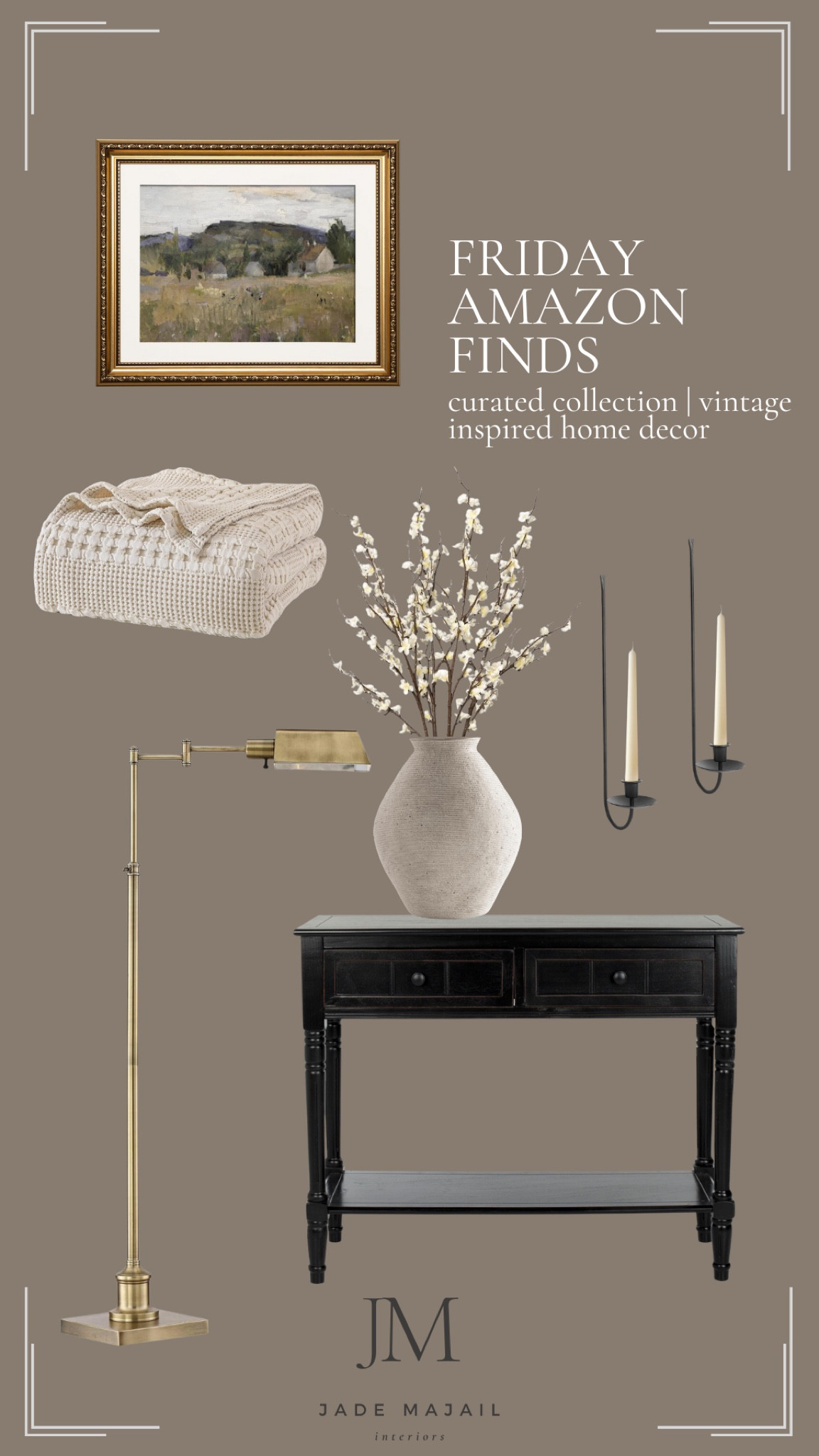 Friday Amazon Finds - Transitional Style Home Decor & Accents 💖✨

Brass floor lamp, black vintage console table, vintage vase, spring faux floral stems, blanket, vintage artwork, candles 

#LTKSpring #LTKFamily #LTKHome