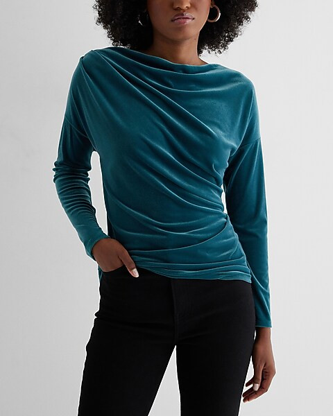 Skimming Velvet Draped Cowl Neck Ruched Side Top | Express