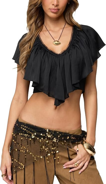 Women's Ruffled V Neck Crop Top Y2K Open Back Tie Back Blouse Bohemian Frill Trim Short Sleeve Sh... | Amazon (US)