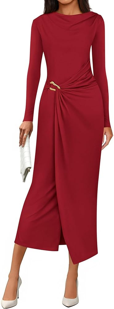 PRETTYGARDEN Women's Fall Wedding Guest Cocktail Midi Dresses Elegant Long Sleeve Bodycon Ruched ... | Amazon (US)