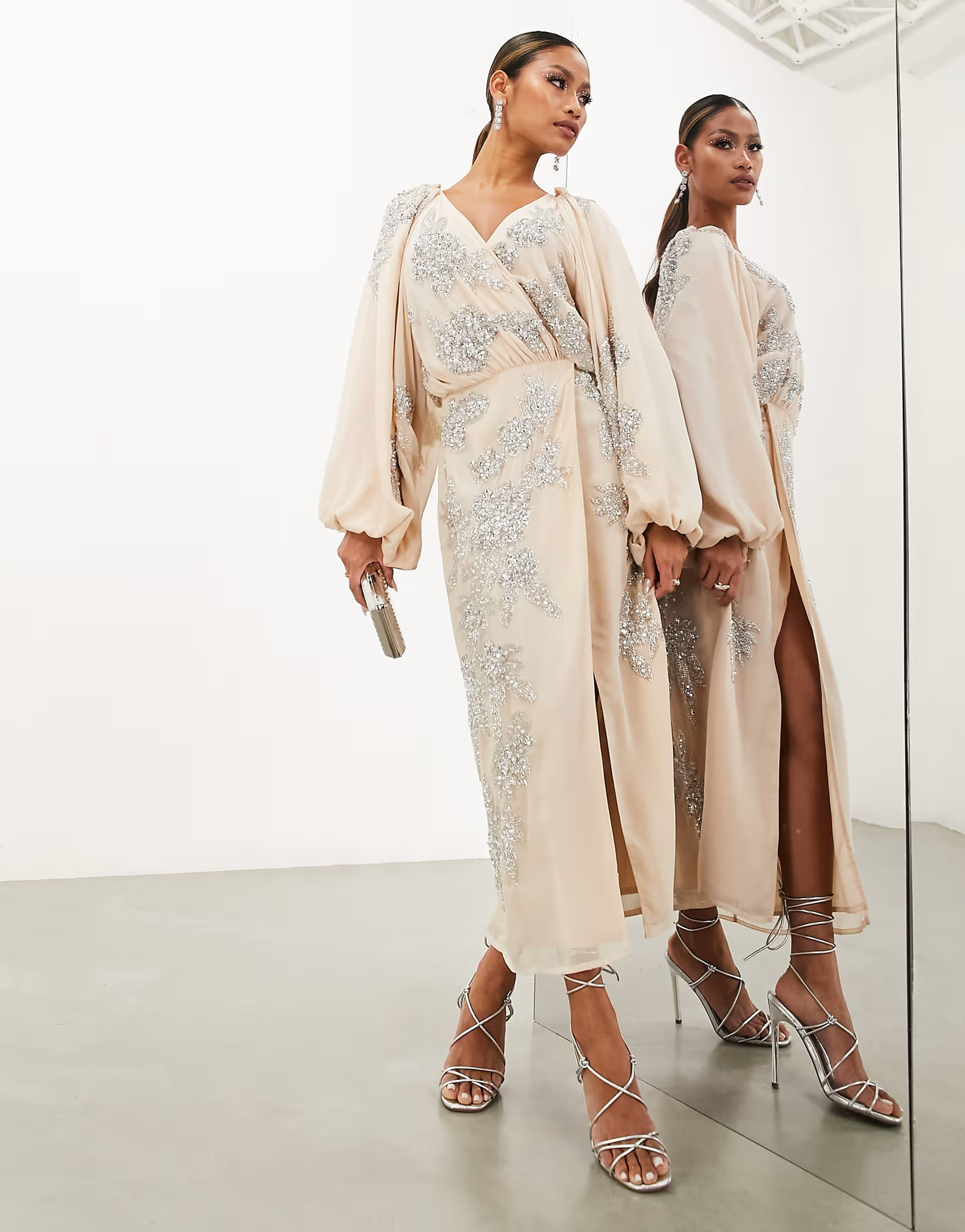 ASOS EDITION crystal floral embellished midi wrap dress in blush | ASOS (Global)