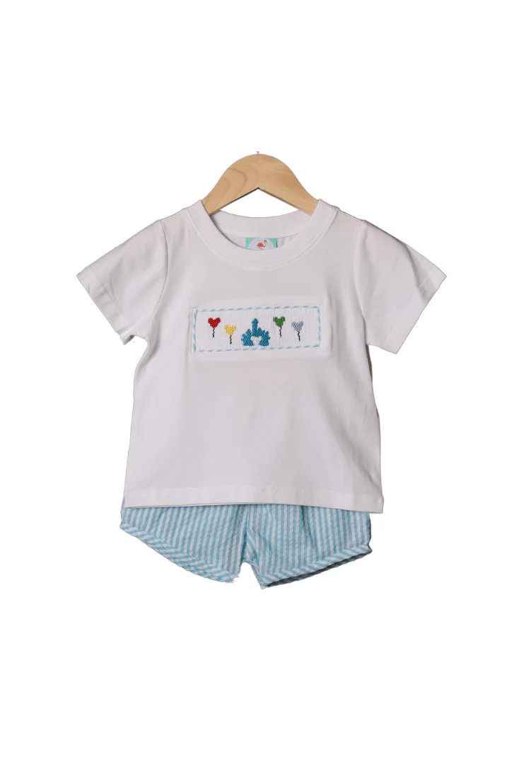 Smocked Castle/Balloons Seersucker Short Set | The Smocked Flamingo