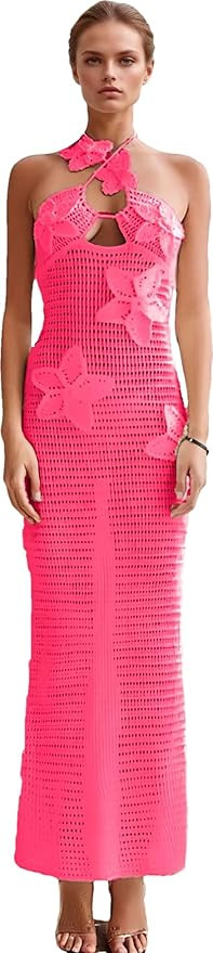 RanRui Women's Halter 3D Flower Knitted Hollow Out Beach Dress balckless Open Back Swimsuit Cover... | Amazon (US)