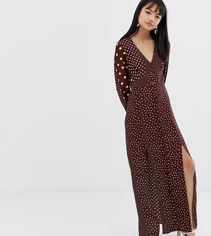 Miss Selfridge Petite maxi dress with blouson sleeve in mixed polka dot-Brown | ASOS (Global)
