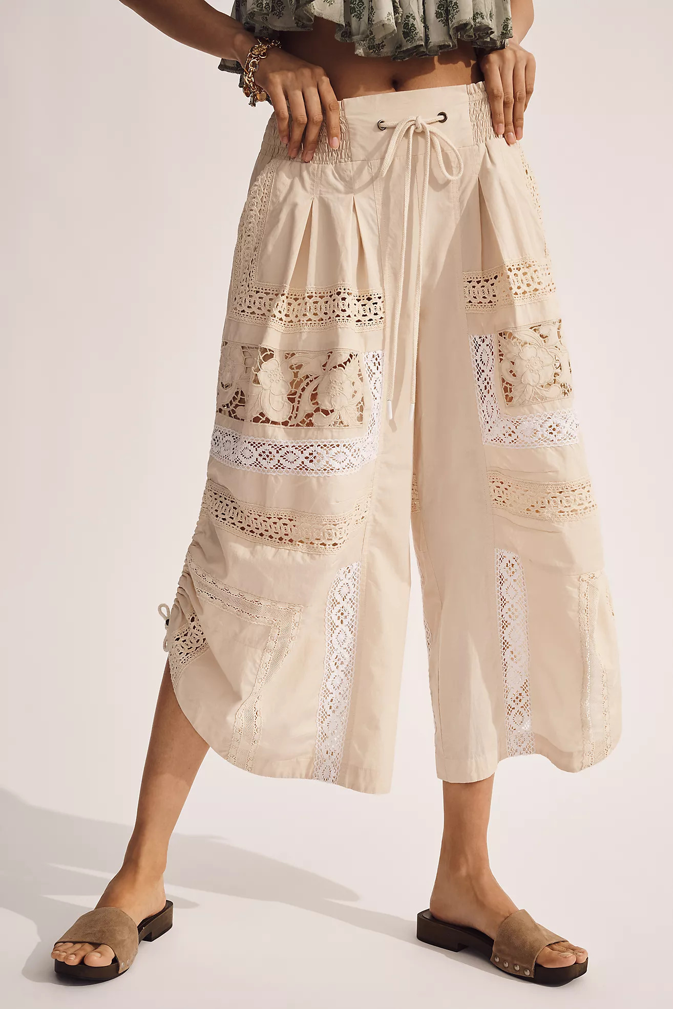 By Anthropologie Lace Ruched Cropped Wide-Leg Pants | Anthropologie (US)