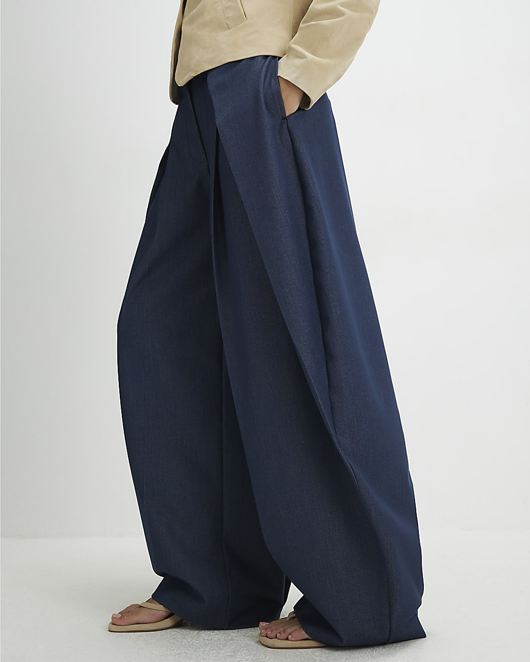 Blue Denim Look Pleated Trousers | River Island UK & IE