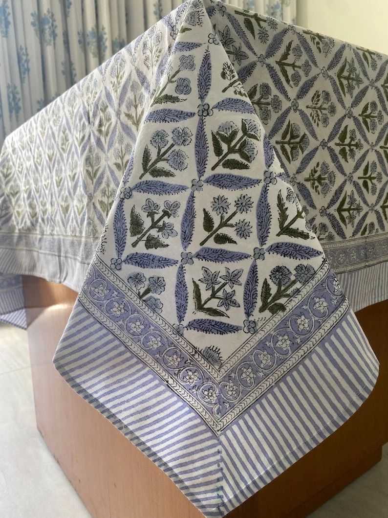 Light Steel Blue, Olive Green Hand Block Printed Cotton Tablecloth, Dining Table Cover Farmhouse ... | Walmart (US)