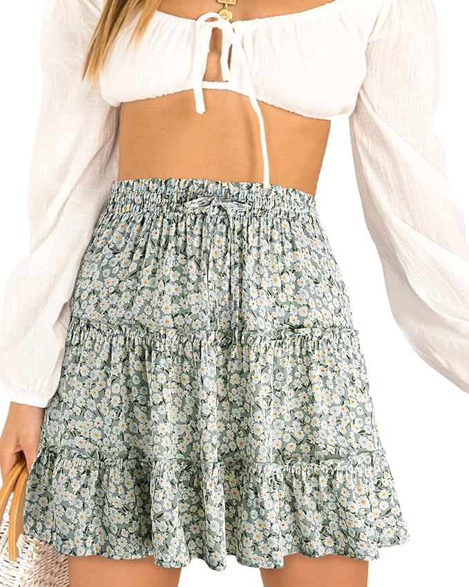 Alelly Women's Summer Cute High Waist Ruffle Skirt Floral Print Swing Beach Mini Skirt | Amazon (US)
