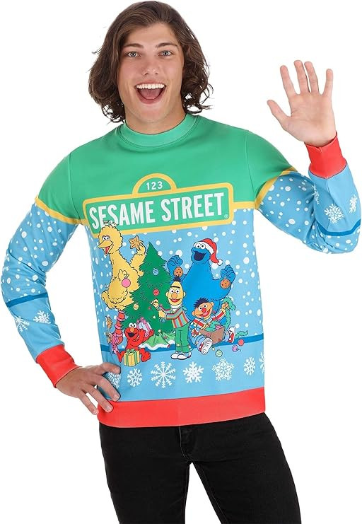 Adult Sesame Street Christmas Sweatshirt with All-Over Printed Graphics | Amazon (US)