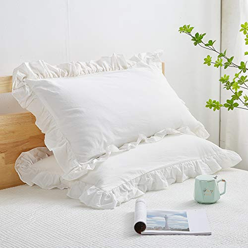 Shabby Off White Ruffle Pillow Shams Standard Size Set of 2, Washed Cotton Farmhouse Pillowcases Pillow Cover 20"x26" | Amazon (US)
