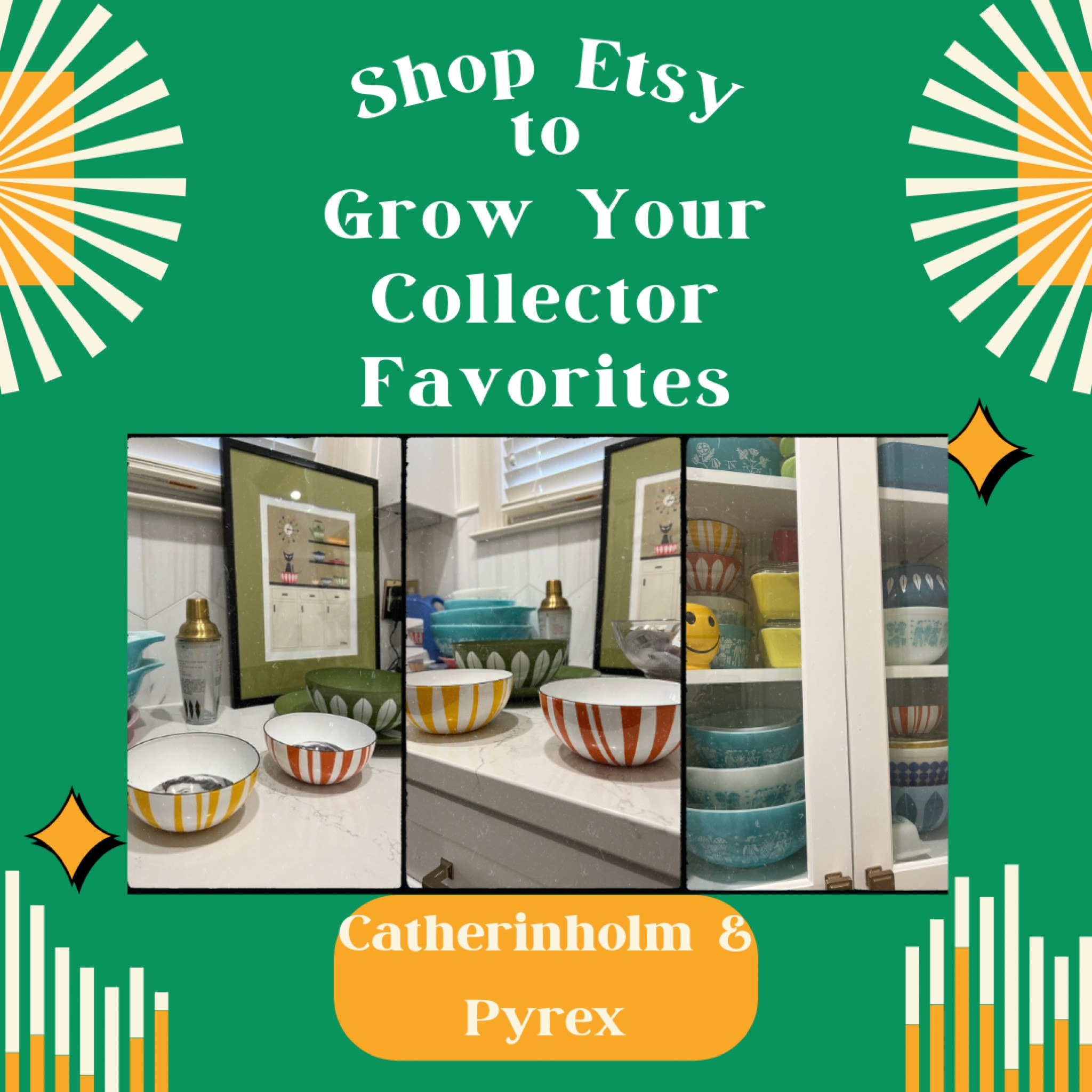 Etsy is one of my favorite spots to to shop for my collector’s heart! I’m into Catherineholm enamel pieces as well a mid-century Pyrex and Etsy has trustworthy sellers who package their products with care. The Donna Mibus print is another favorite find on Etsy. Some of the shops where I found these beauties on Etsy are MostlyMidModern,  UncleDonsTradingPost, VintageOakes, FiveSistersWisDells, Yesterdays Cafe, GrandmaGeorgiesHouse, PyrexPartyPixie, Objects5060 and foletheHOME.  If you love a great collection of fun products, check out Etsy and help small businesses at the same time  

#LTKhome #LTKfamily #LTKGiftGuide