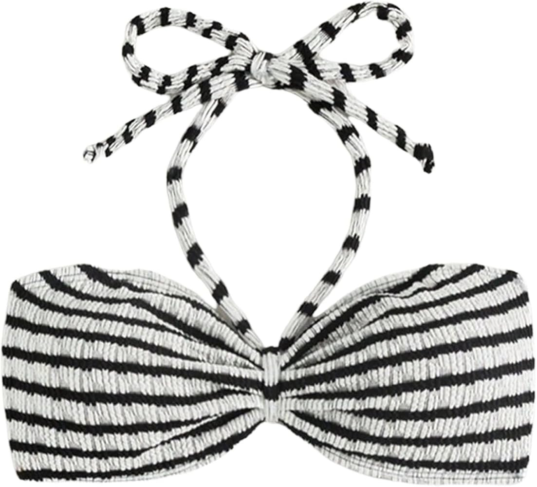 SHENHE Women's Tie Halter Neck Bandeau Bikini Top Striped Padded Tube Bathing Suit Tops | Amazon (US)
