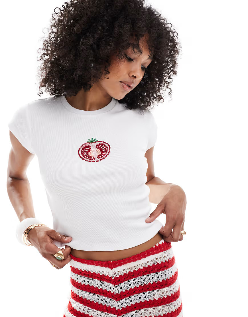 ASOS DESIGN beaded tomato baby tee top in white | ASOS (Global)