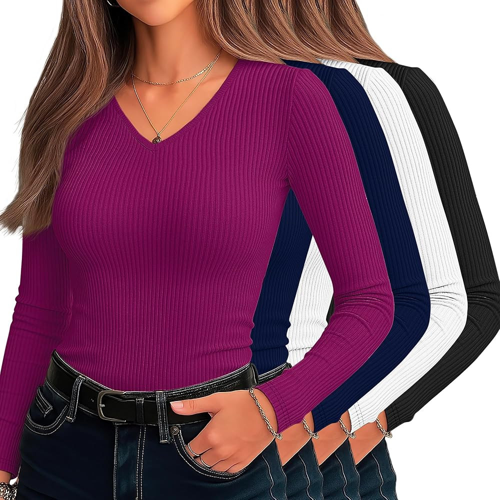 Neer 4 Pack Women's Long Sleeve Cotton Shirts V Neck Ribbed Knit Fall Slim Fit Tops Ladies Casual... | Amazon (US)