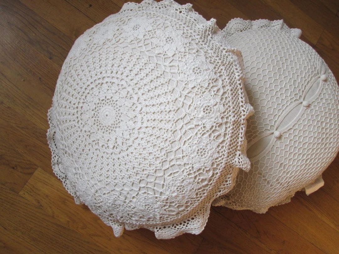 Shabby Chic 100% Hand Crochet Cotton Ivory/Off-White Round Pillow Shams, Cushion Cases | Etsy (US)