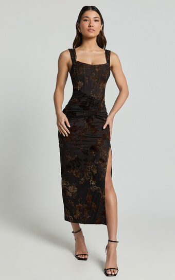 Karlene Midi Dress - Ruched Corset Burnout Dress in Black and Brown | Showpo (ANZ)