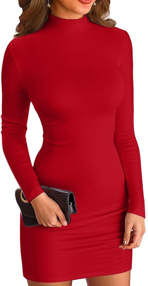 VICHYIE Women Mock Neck Ribbed Bodycon Dress Long Sleeve Mini Pencil Dresses | Amazon (US)