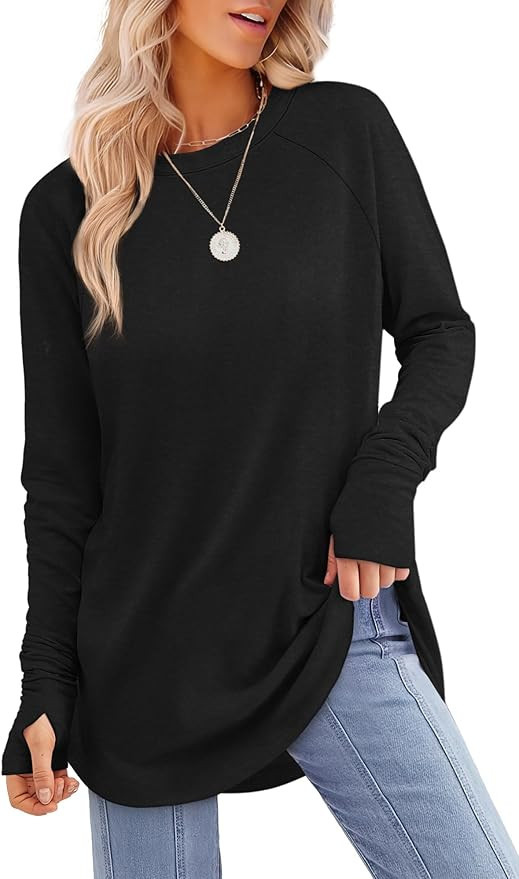 XIEERDUO Womens Tunic Tops to Wear with Leggings Long Sleeve Thumb Hole Shirts Crew Neck Curved H... | Amazon (US)
