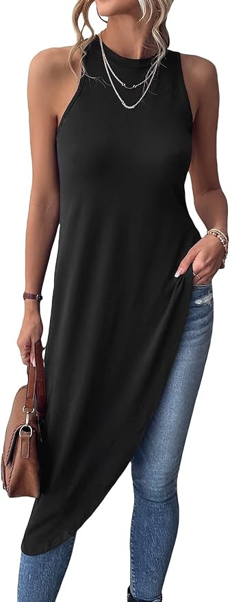 SHENHE Women's Solid Round Neck Sleeveless Asymmetrical Hem Tank Top | Amazon (US)