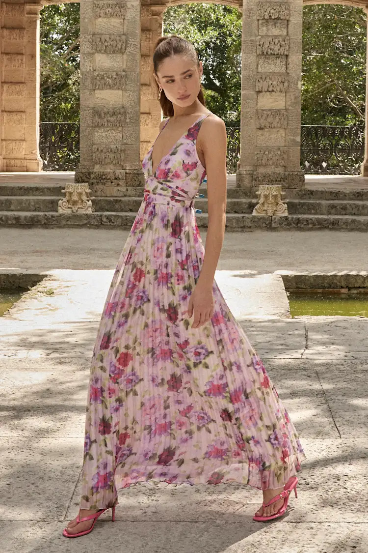 Morgana Lilac Multi Floral Satin Pleated Maxi Dress | Lulus