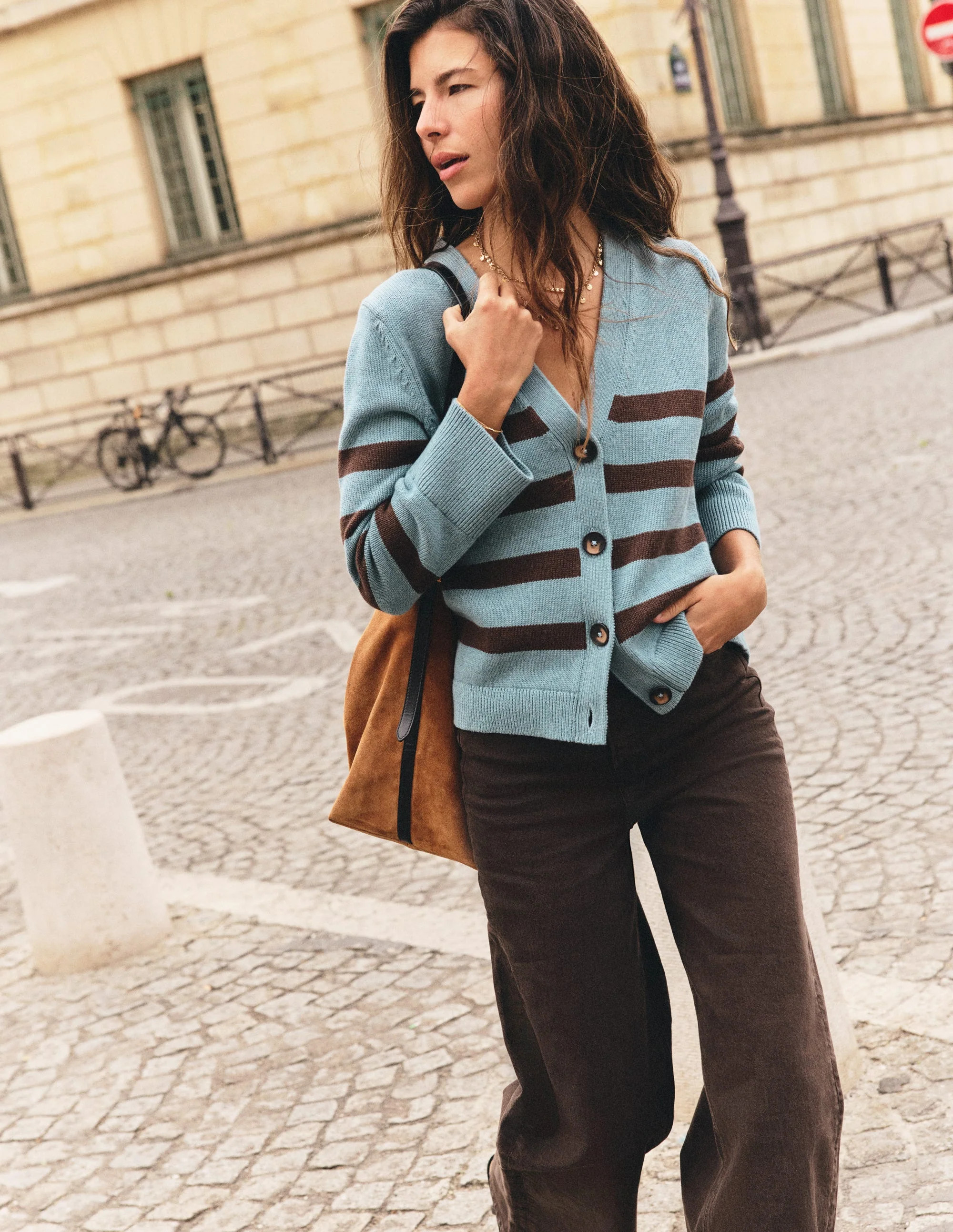 Lucy Relaxed Cotton Cardigan-Pavilion Blue, Brown Stripe | Boden (US)