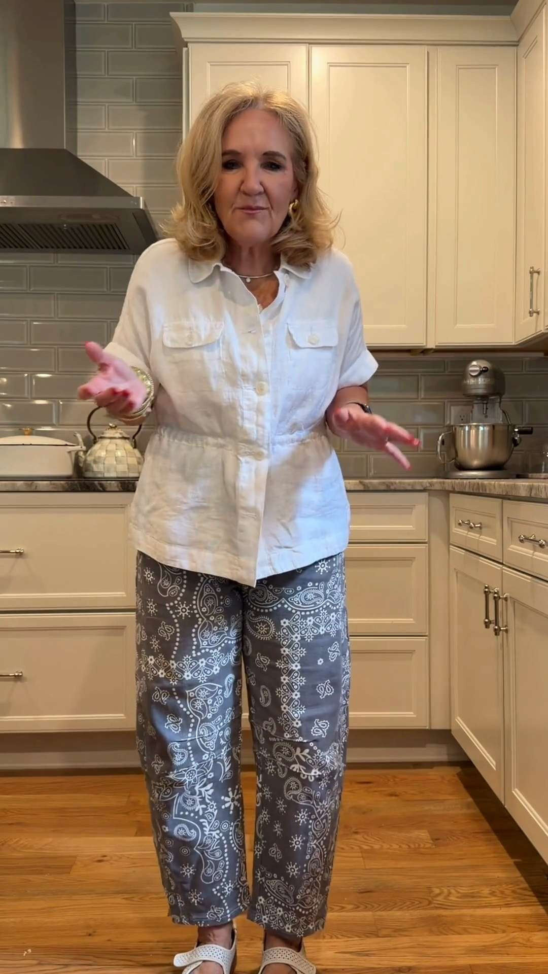 I love the relaxed jacket-inspired design, the flattering waist detail, and the lightweight feel. It gives structure without being stiff and keeps you cool even on warmer days. Paired with these printed pants, it feels fresh and a little unexpected, but it would look just as chic with white denim, shorts, or linen trousers. 🫶🏻 

 #LTKootd #LTKSeasonal #LTKSaleAlert