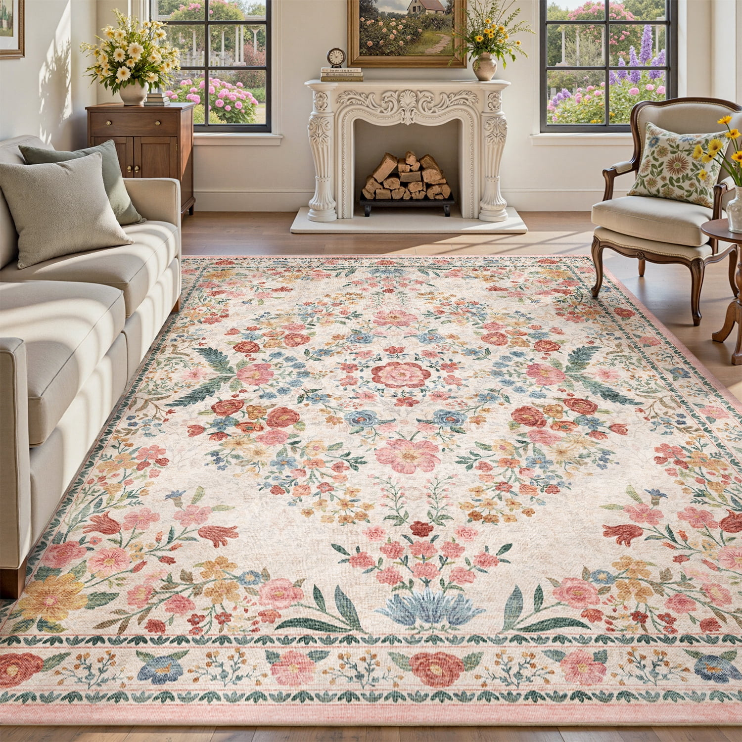 SIXHOME 5'x7' Vintage Floral Area Rug, Washable Soft Non-Slip Rose Garden Carpet, Traditional Rom... | Walmart (US)