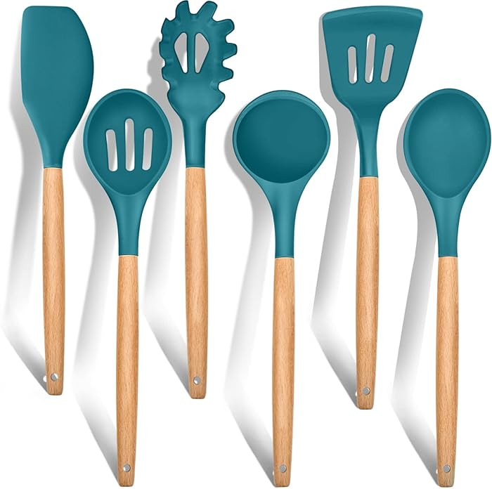 Kitchen Utensils Set of 6, E-far Silicone Cooking Utensils with Wooden Handle, Non-stick Cookware... | Amazon (US)