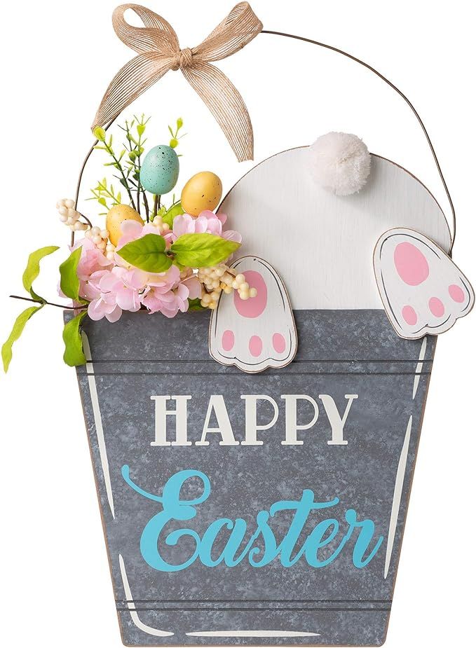 Glitzhome Easter Wooden Bucket Shaped Bunny Wall Hanging Art Sign Decor, 18" H, Multi-Color | Amazon (US)