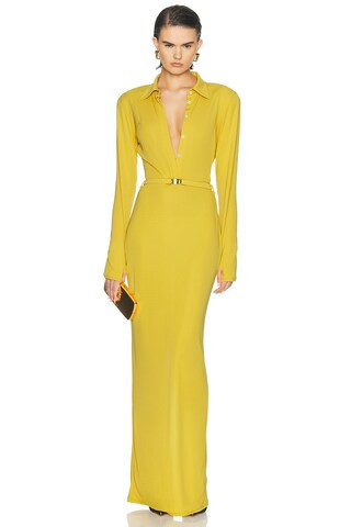 Rowen Rose Long Sleeve Jersey Polo Dress in Mustard | FWRD 