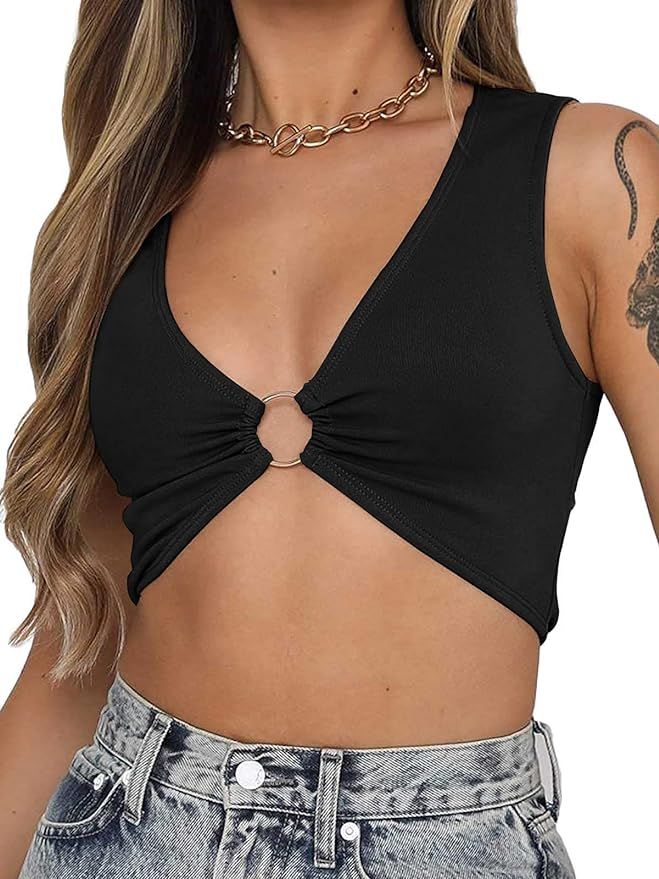 Women's Sexy Sleeveless Plunging Neckline Underboob Corset Y2k Cropped Tank Top with Golden Ring | Amazon (US)