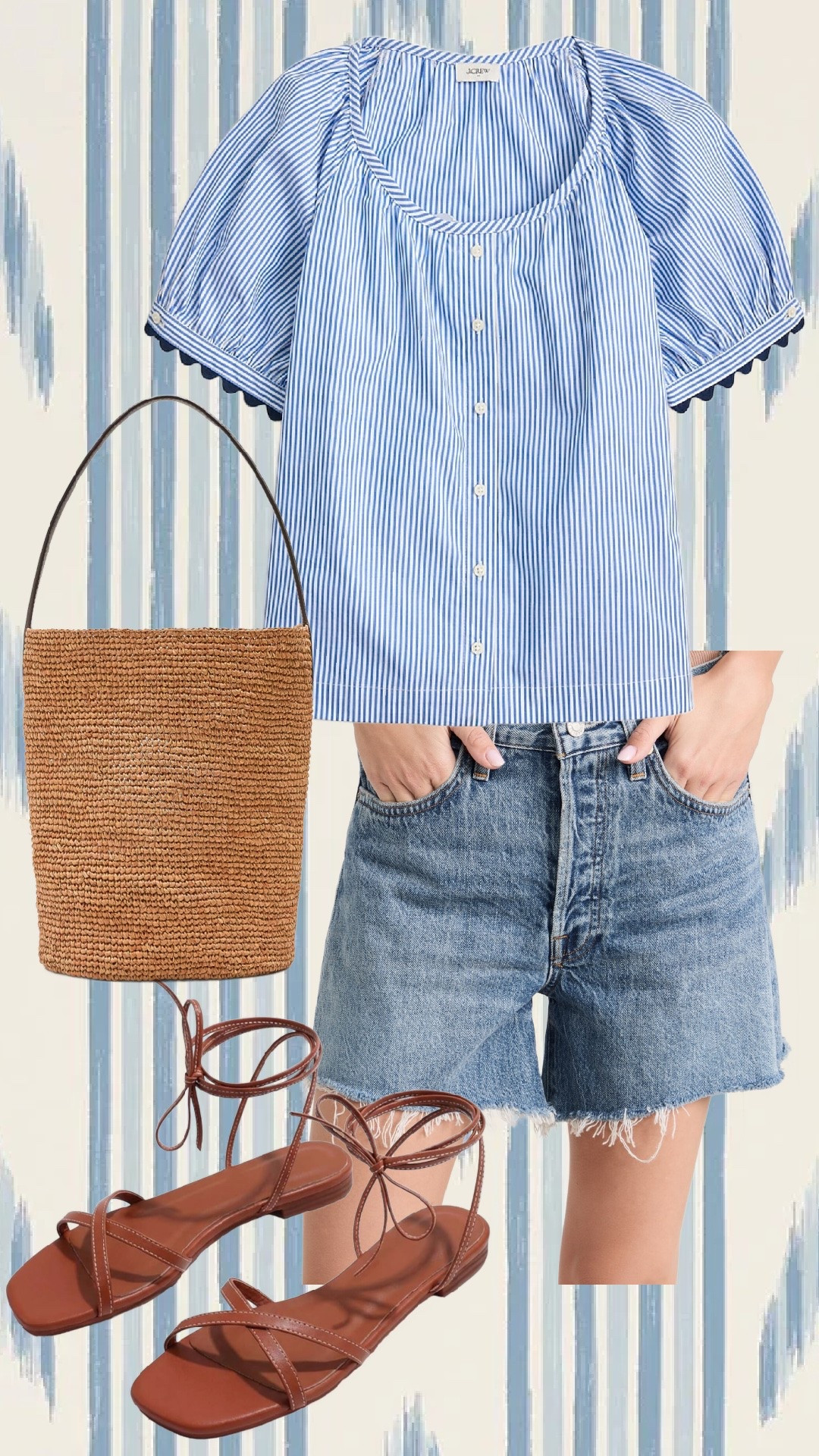 Mom style in this $39 top, my favorite jeans shorts, raffia bucket bag and sandals!