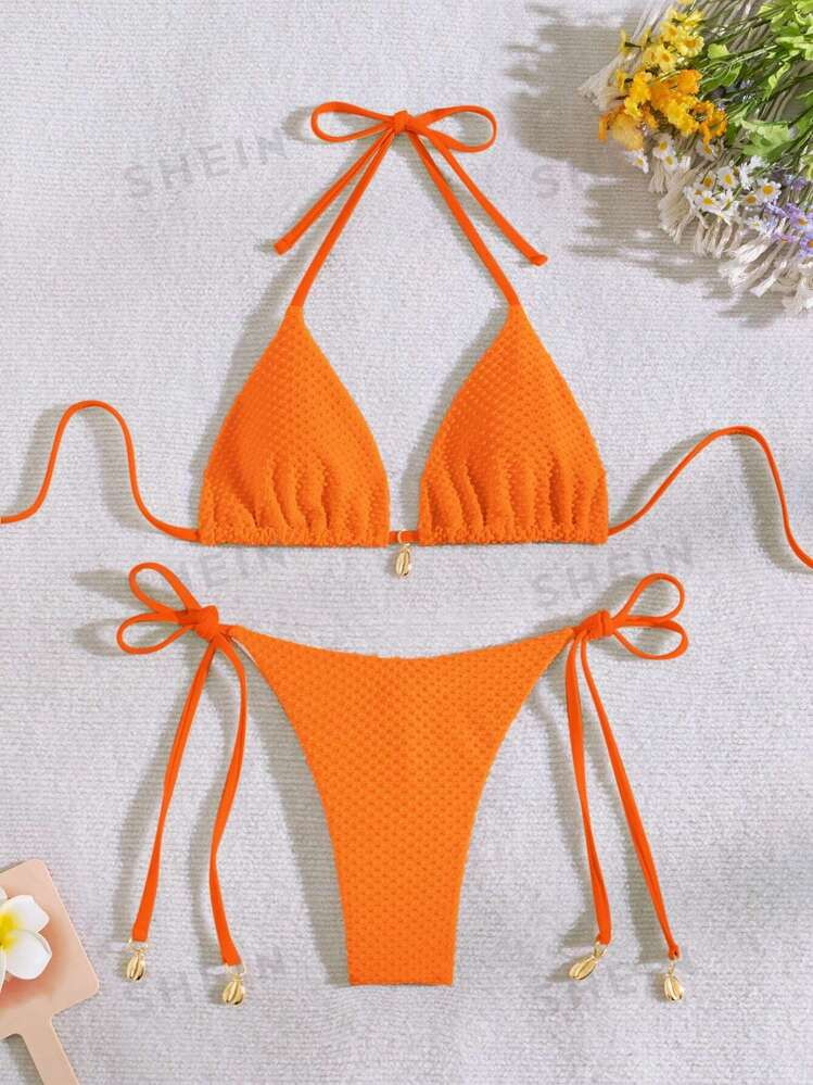 2pcs Women Solid Color Simple Daily Use Bikini Sets, Orange Bathing Suit | SHEIN