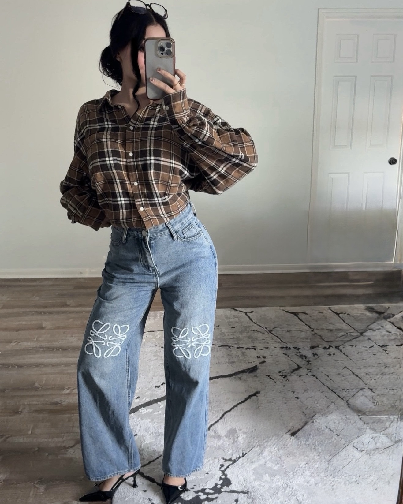 flannel: thrifted in japan 
jeans: loewe baggy jeans in denim
heels: ZARA BLACK | 1254/610/800
