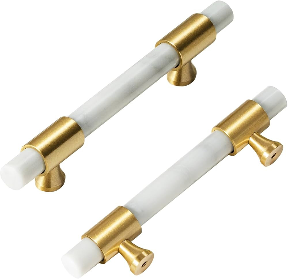 Marble Gold Brass Pulls 10 Pack 3-3/4 in (96mm) Hole Center Brushed Brass White Marble Cabinet Handles Dresser Drawer Kitchen Hardware Cabinets Pulls | Amazon (US)
