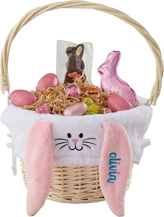 Personalization Universe Cesta de Pascua clásica personalizada, forro bordado de conejo blanco, ... | Amazon (US)