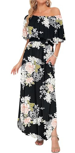 AUSELILY Womens Off The Shoulder Dress Summer Casual Long Ruffle Party Side Split Beach Maxi Dresses with Pockets Floral Black Pink 3XL | Amazon (US)