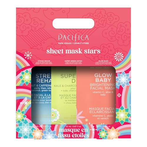 Pacifica 3-Pack Face Sheet Mask Variety Set – Brightening Vitamin C, Green Detox & Stress Rehab Hydrating Masks for Glowing Skin, Holiday Beauty Gift for Women Teens Girls, Vegan Clean Skincare | Amazon (US)