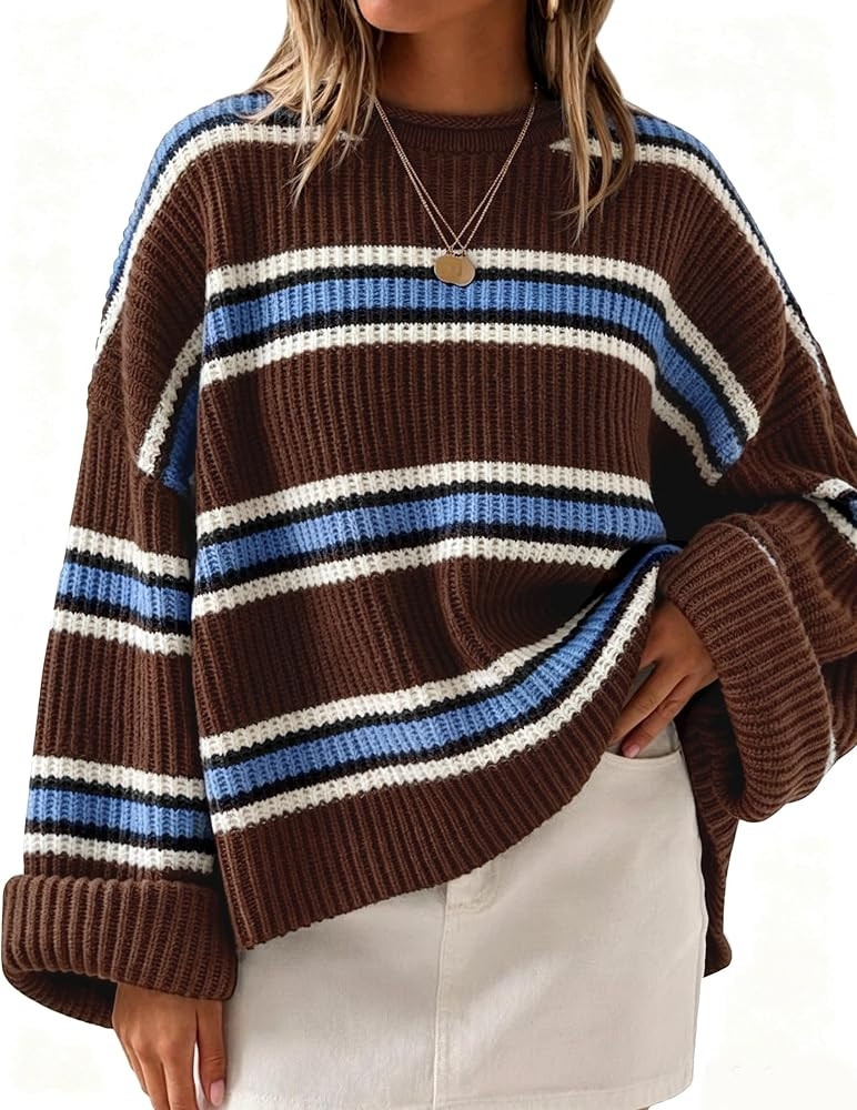ZESICA Womens Fall Winter Oversized Striped Knit Sweaters Fashion Clothes | Amazon (US)